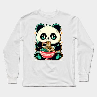 Kawaii retro little panda eat ramen Long Sleeve T-Shirt